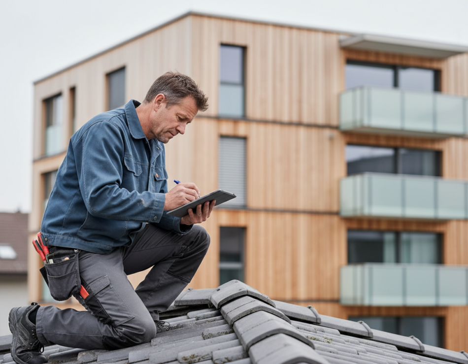 Technicien réalisant un contrôle sur la toiture d’un immeuble résidentiel